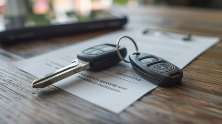 Car keys resting on title transfer paperwork