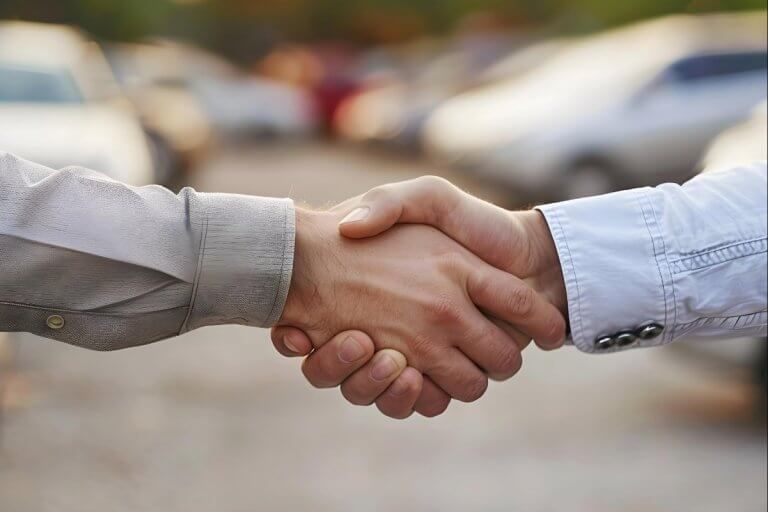 A handshake closing a notarized vehicle sale